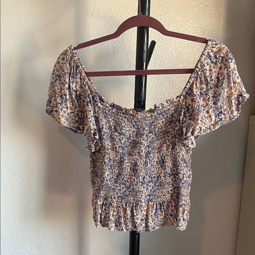 Patrons of Peace Blue and Brown Floral Smocked Blouse